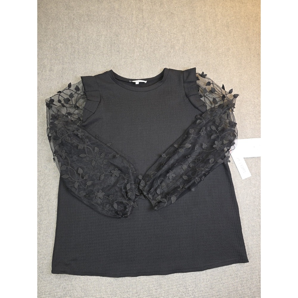 Sweet Rain Womens Plus Size 2XL Black Ruffle Long Lace Sheer Sleeve Blouse Top